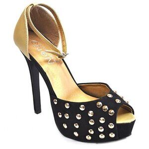 SOS High Heels Studded Black Gold Peep Toe Trendy